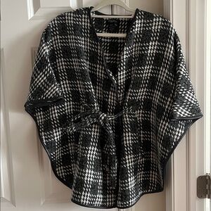 Papillon M Herringbone Gray Knit Cardigan Sweater Jacket Faux Fur Cape VGUC